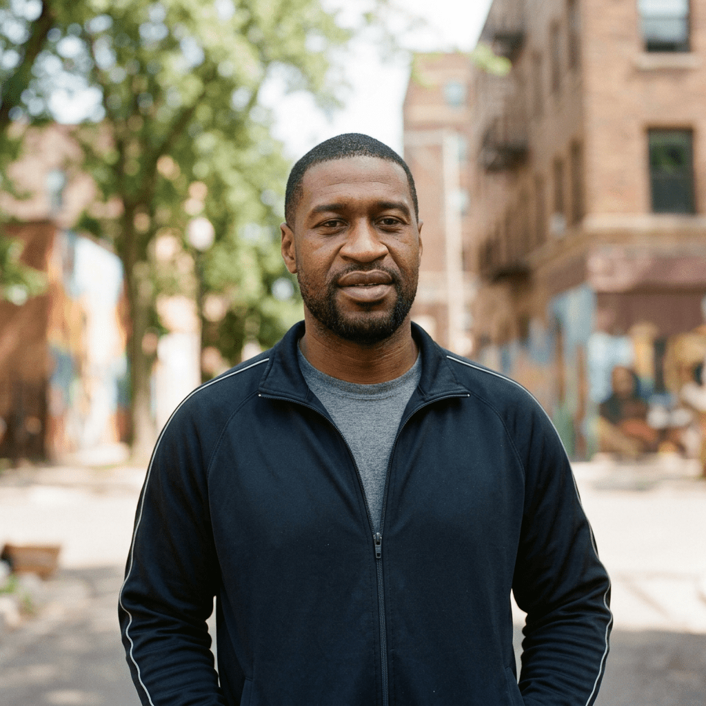 Man wearing black zip-up jacket standing outdoors with murals and buildings in background
