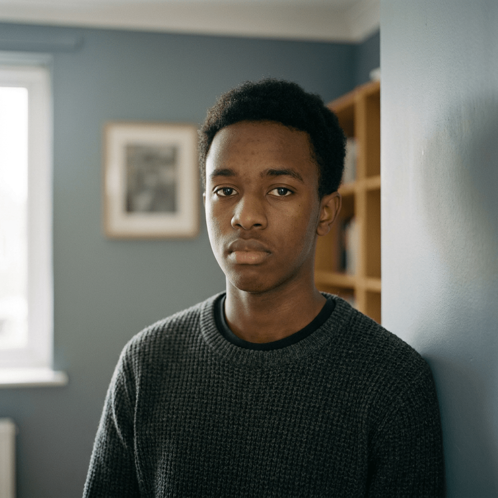 Young man in a dark sweater standing indoors against a blue wall, looking thoughtfully at the camera