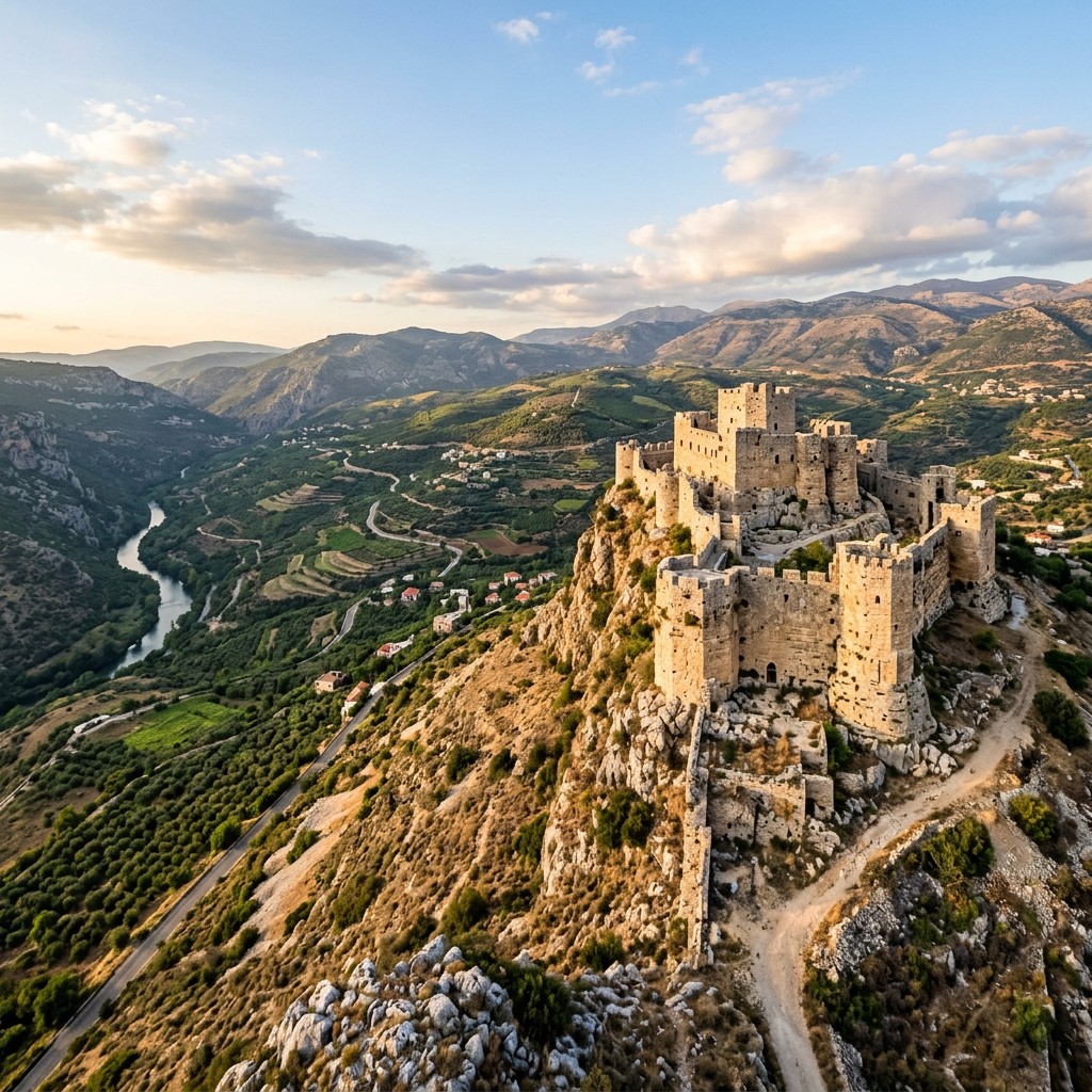 Stone castle ruins on rocky hill with winding road and river in green valley