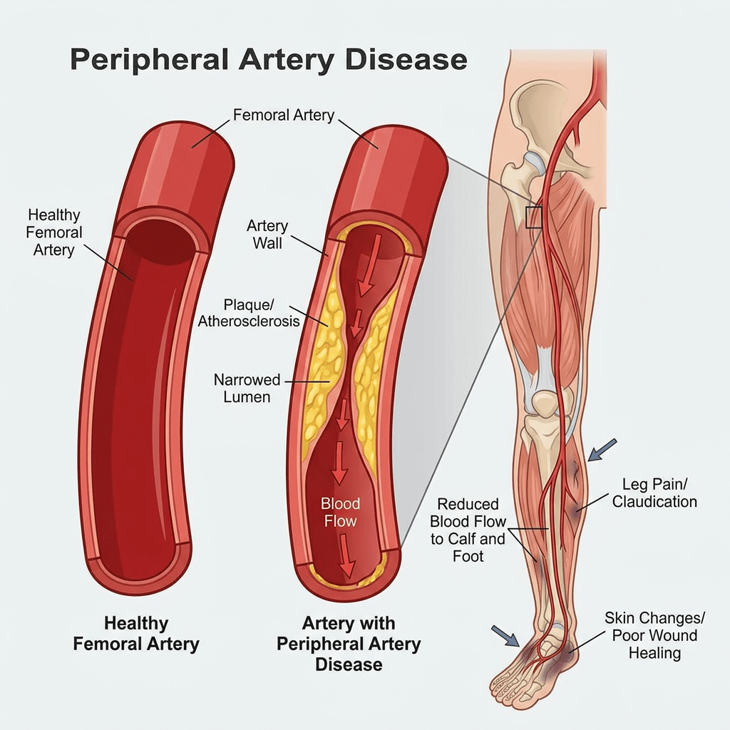 Comparison of healthy femoral artery and artery with peripheral artery disease showing plaque buildup, narrowed lumen, and reduced blood flow causing leg pain and skin changes