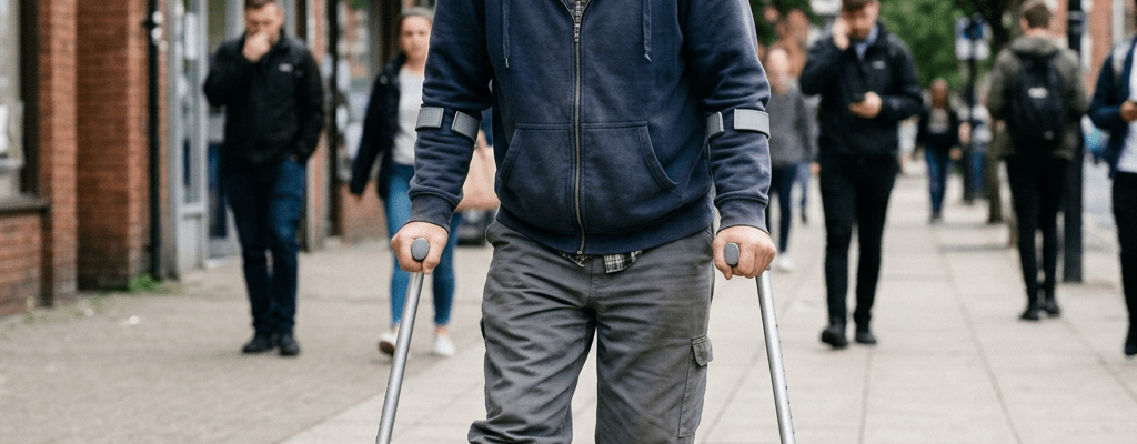 Man walking on sidewalk using crutches and wearing a leg brace on his right leg