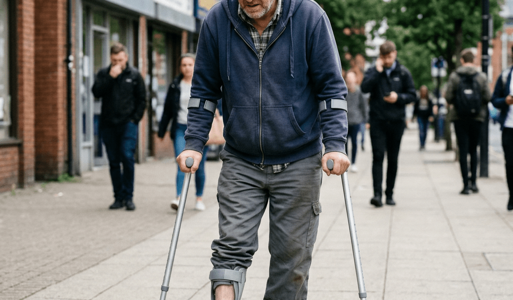 Man walking on sidewalk using crutches and wearing a leg brace on his right leg
