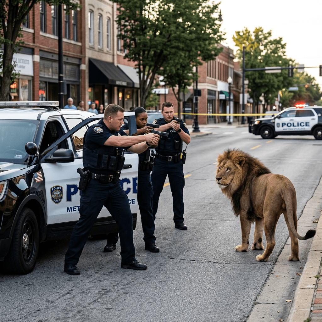 Three police officers aiming guns at a lion standing in the middle of a city street near police vehicles