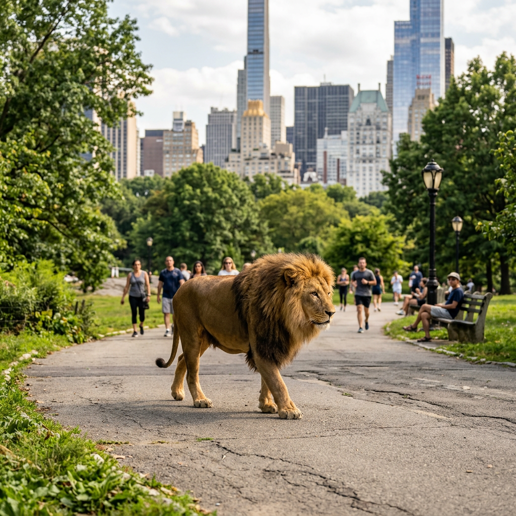 Lion walking on a park pathway with people and city skyline in the background