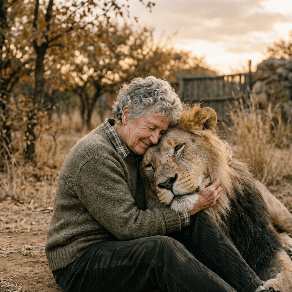 Elderly woman hugging and resting head against a calm lion's head.