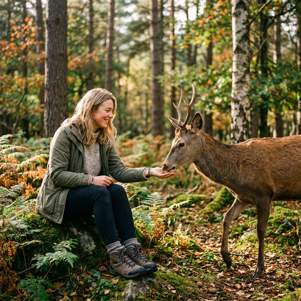 Woman sitting on mossy rock feeding a young deer in the forest