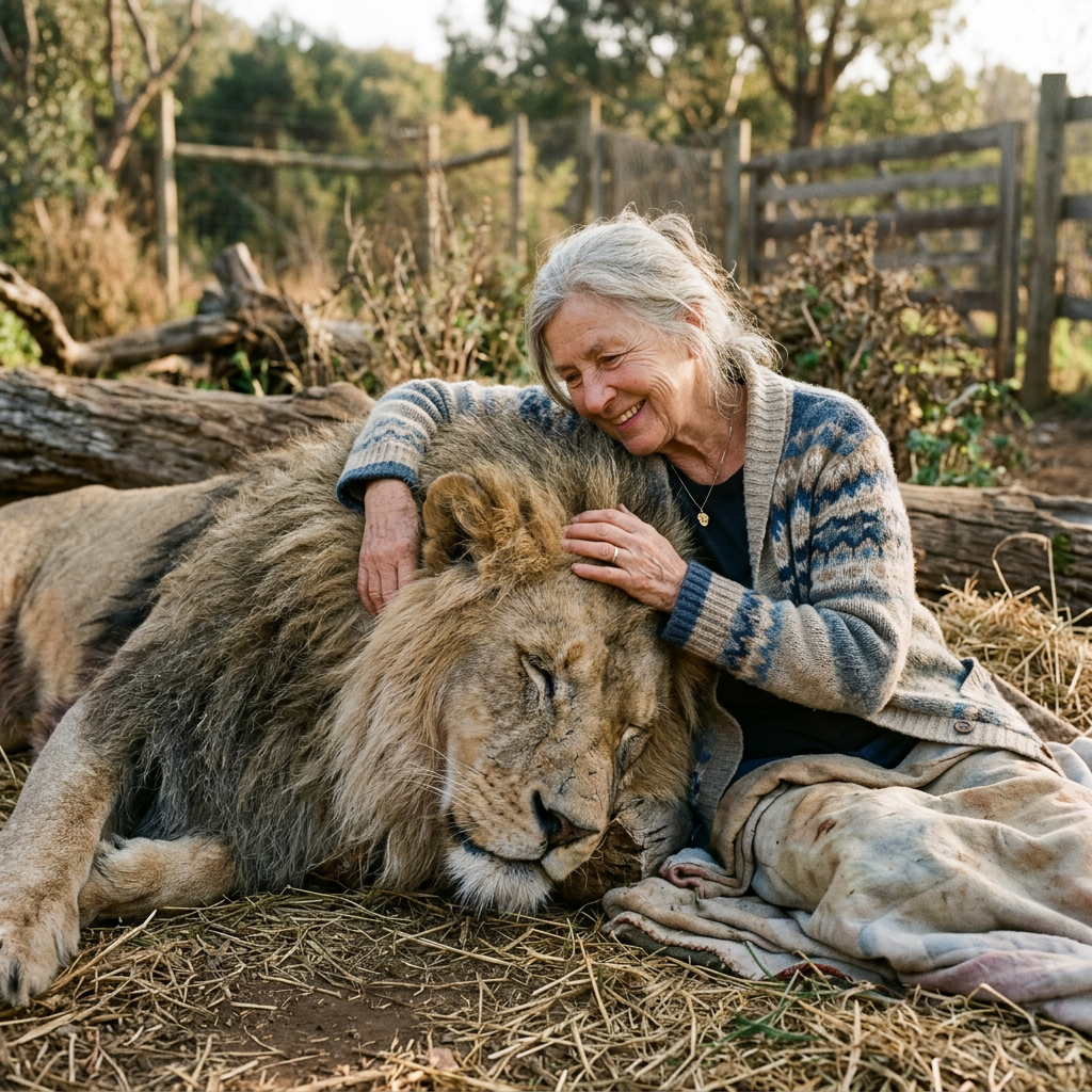 Elderly woman smiling and hugging a lion resting on the ground outdoors