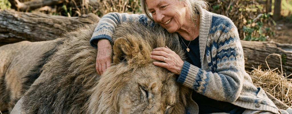 Elderly woman smiling and hugging a lion resting on the ground outdoors
