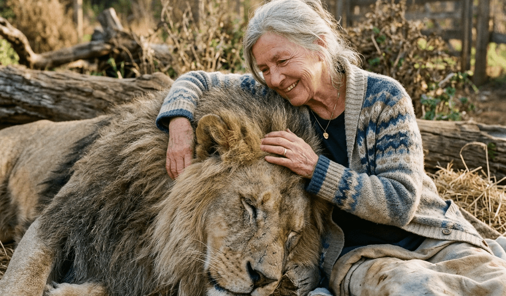 Elderly woman smiling and hugging a lion resting on the ground outdoors