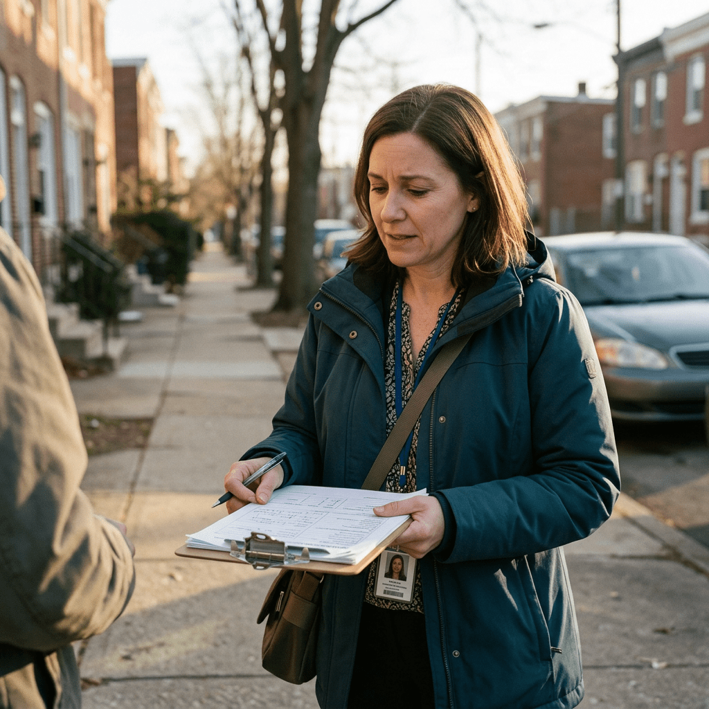Woman holding clipboard with papers conducting survey outdoors