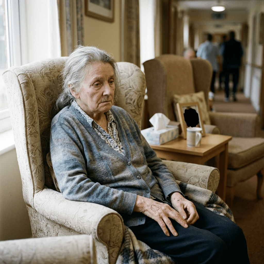 Elderly woman sitting in armchair looking contemplative inside care home