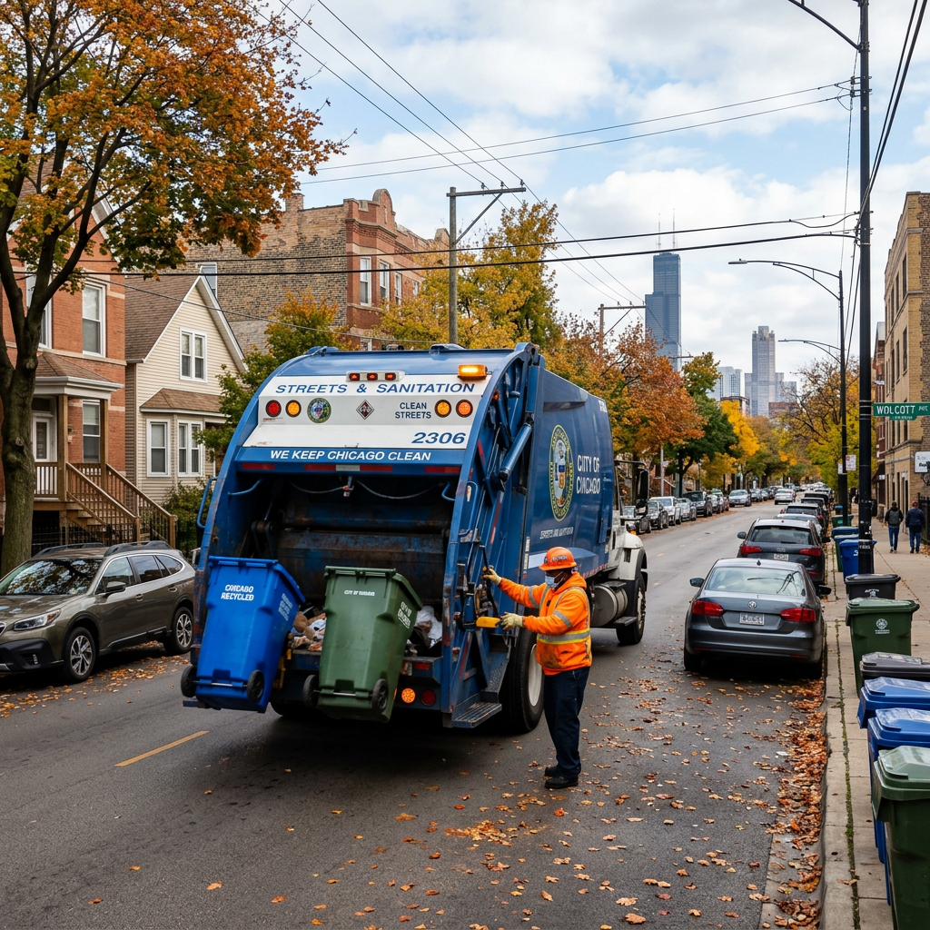 Sanitation worker loading recycling and trash bins into a Chicago Streets & Sanitation truck on a fall day