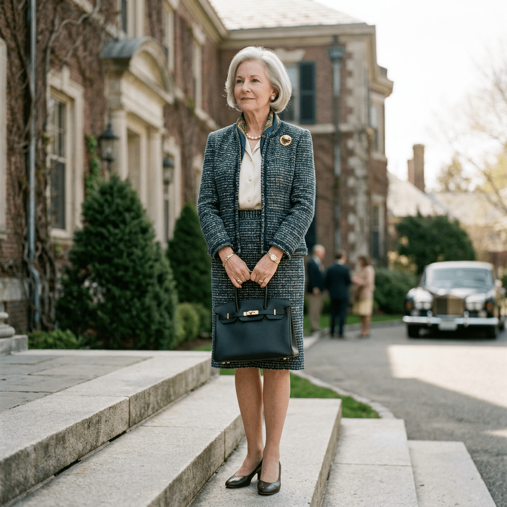 Elegant woman in teal skirt suit holding black handbag on stone steps outside a historic mansion