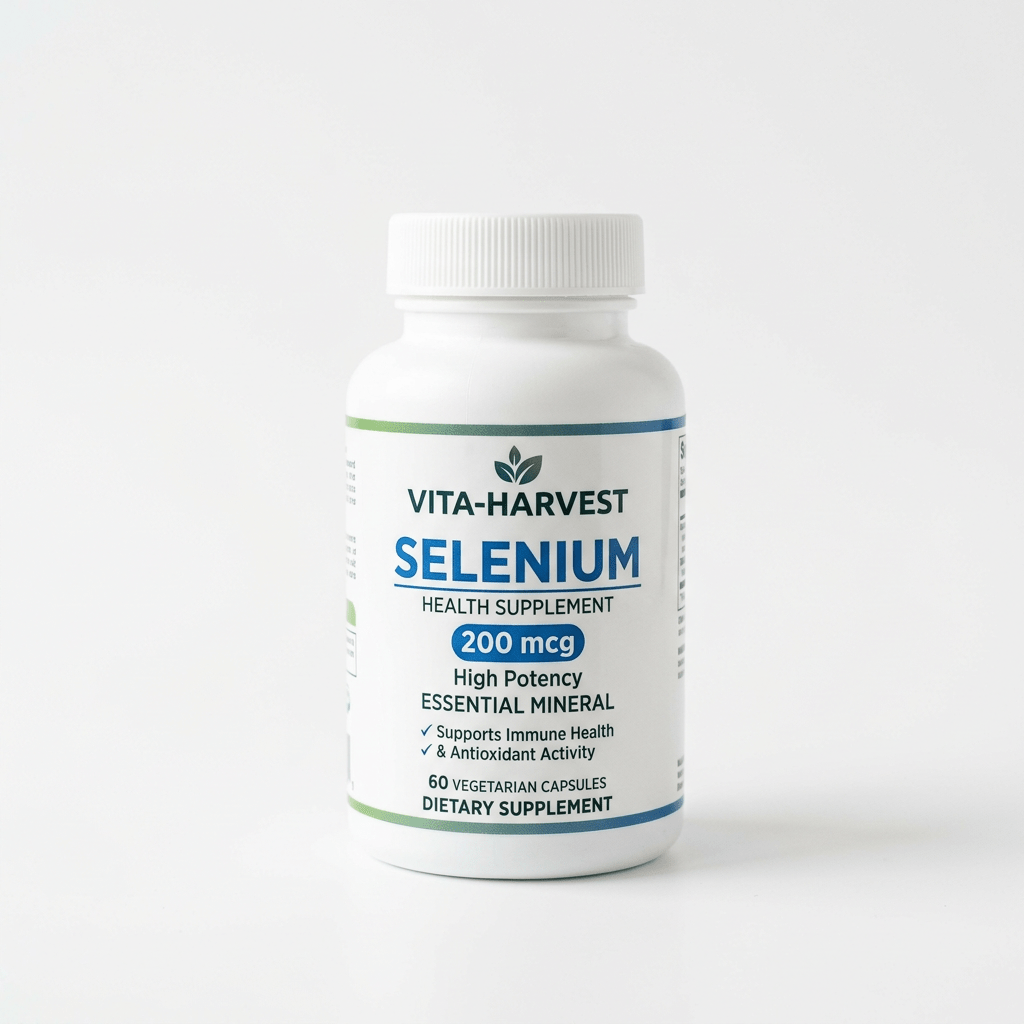Vita-Harvest Selenium health supplement bottle with 60 vegetarian capsules