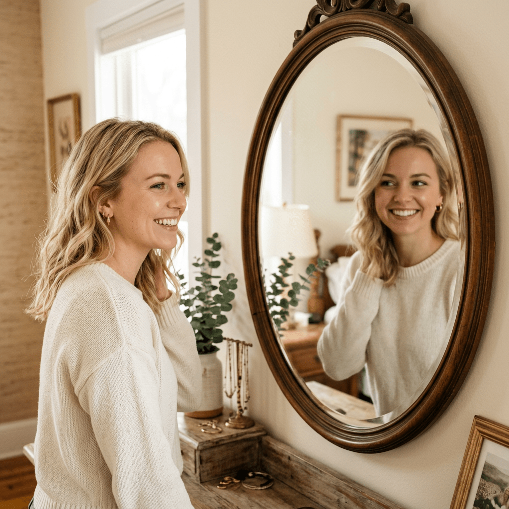 Woman in cream sweater smiling at her reflection in an oval mirror