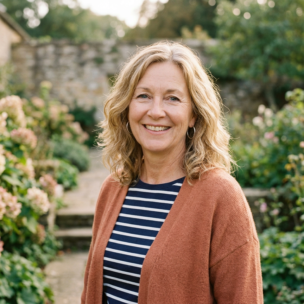 Smiling woman standing on garden path with flowers and stone wall