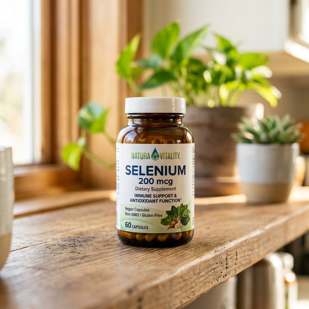 Natura Vitality selenium dietary supplement bottle with 200 mcg capsules