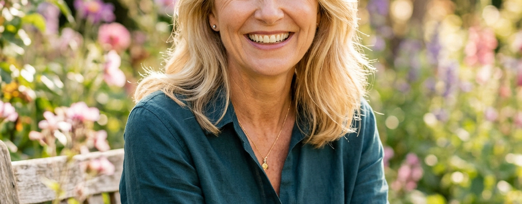 Smiling woman sitting on a wooden bench in a vibrant flower garden