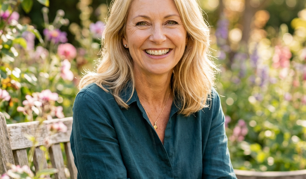 Smiling woman sitting on a wooden bench in a vibrant flower garden