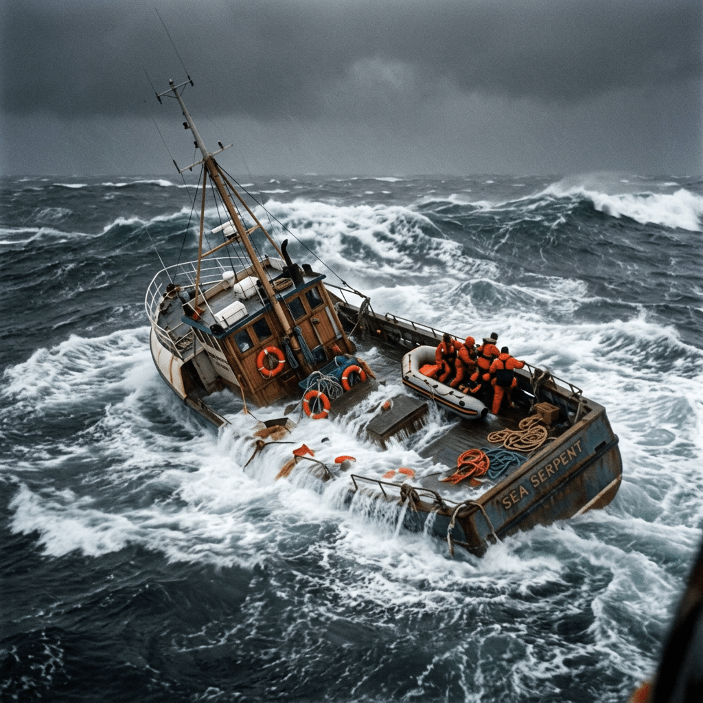 Fishing boat named Sea Serpent tilted in rough ocean waves with crew in orange suits on deck