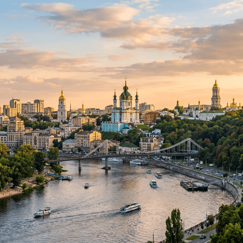 Boats on Dnieper River passing below a bridge with St. Andrew's Church and urban skyline in Kiev