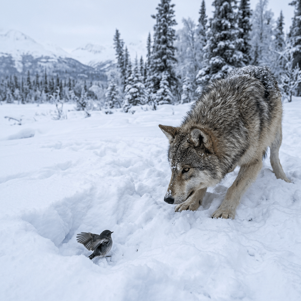 Wolf looking at a small bird in snow-covered forest landscape