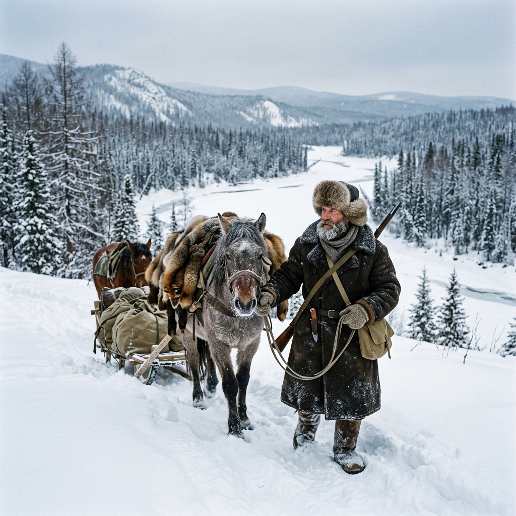 Man in fur coat leading horse pulling loaded sled in snowy forest