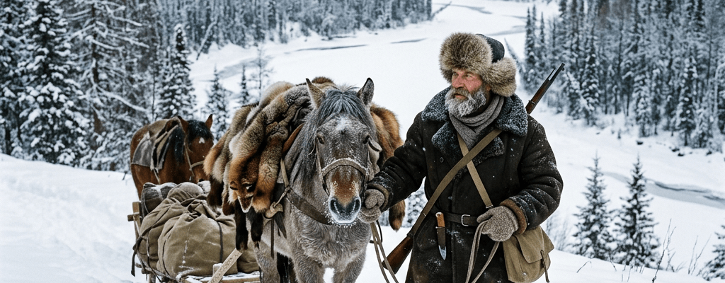 Man in fur coat leading horse pulling loaded sled in snowy forest