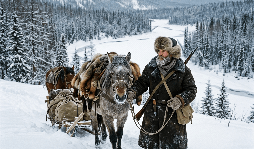 Man in fur coat leading horse pulling loaded sled in snowy forest
