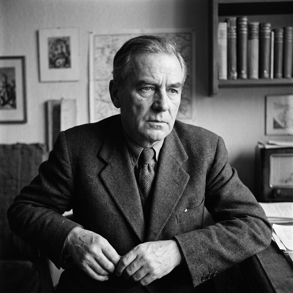 Older man in suit sitting at desk in a room with bookshelves and framed maps
