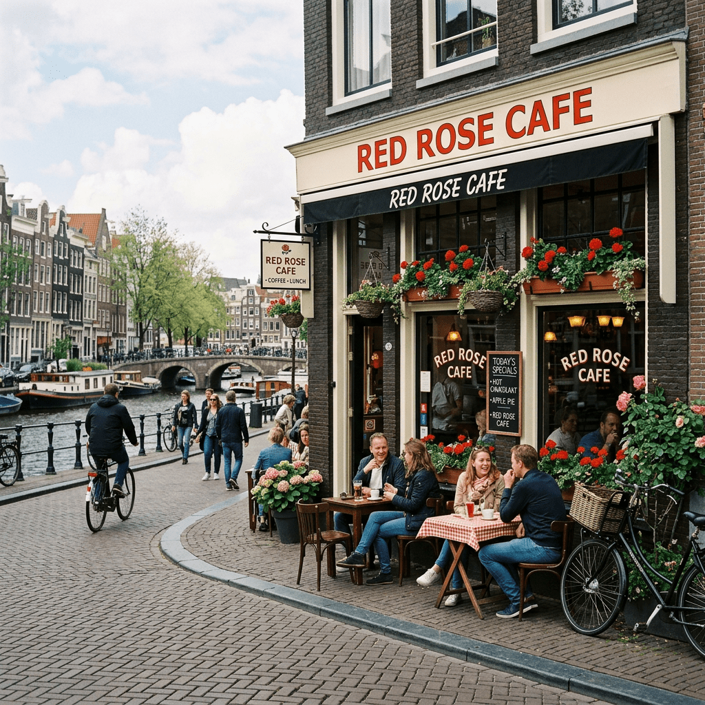 Outdoor seating at Red Rose Cafe beside a canal with people socializing and cycling on the street