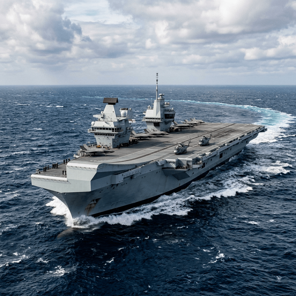 HMS Queen Elizabeth aircraft carrier sailing with jets and helicopters on deck