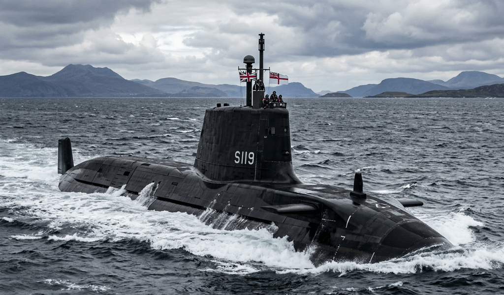 Royal Navy submarine S119 sailing on ocean surface with crew on deck and flags flying