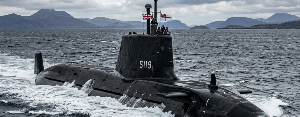 Royal Navy submarine S119 sailing on ocean surface with crew on deck and flags flying