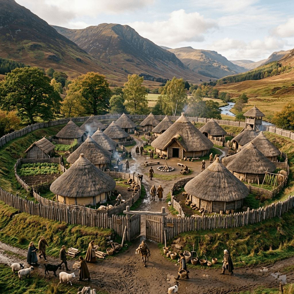 Circular ancient village with thatched huts, surrounded by wooden fence and people around a central firepit