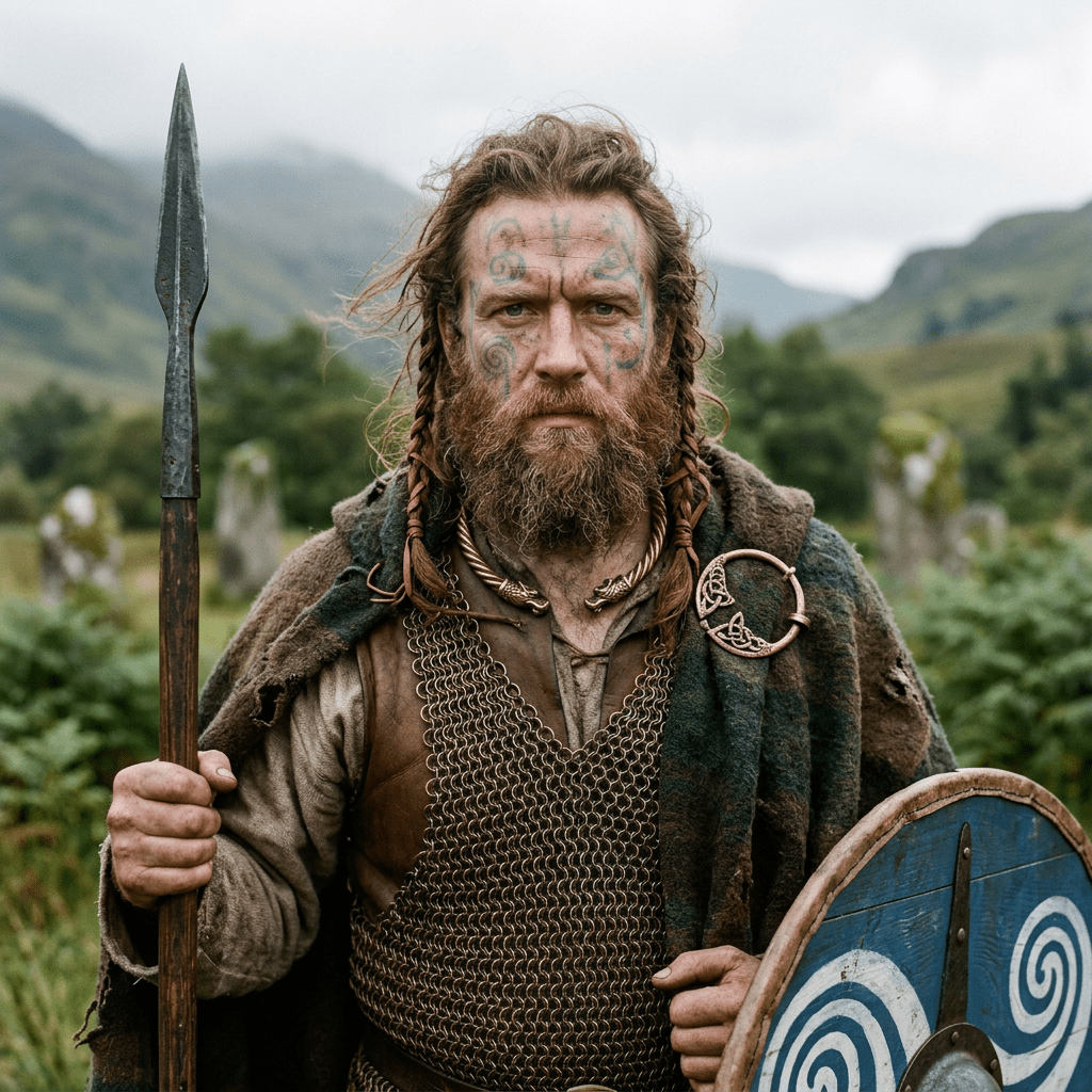 Celtic warrior with face tattoos holding spear and shield in outdoor highland landscape