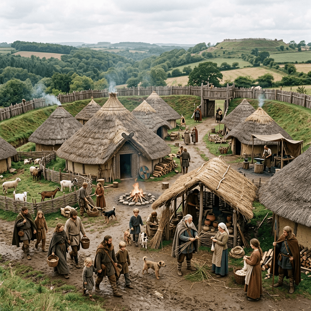 Reconstructed Iron Age village with roundhouses, villagers, animals, and a central fire pit