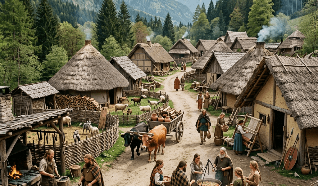 Medieval village with thatched houses, villagers cooking and blacksmith working