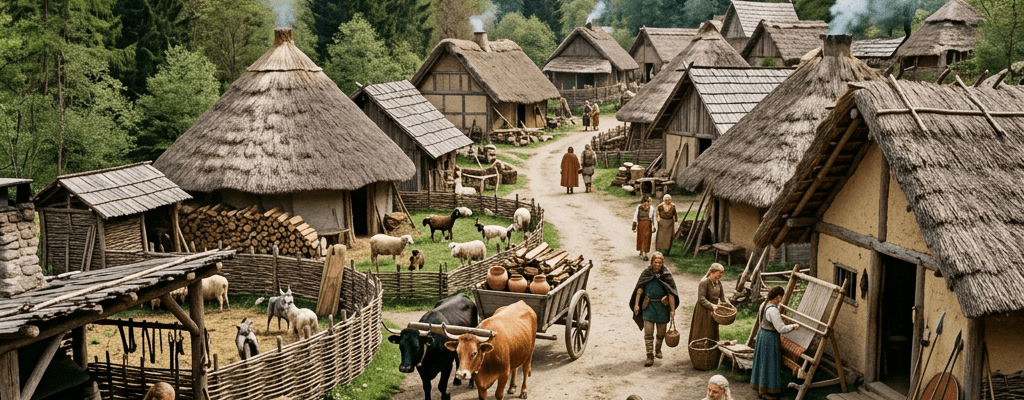 Medieval village with thatched houses, villagers cooking and blacksmith working