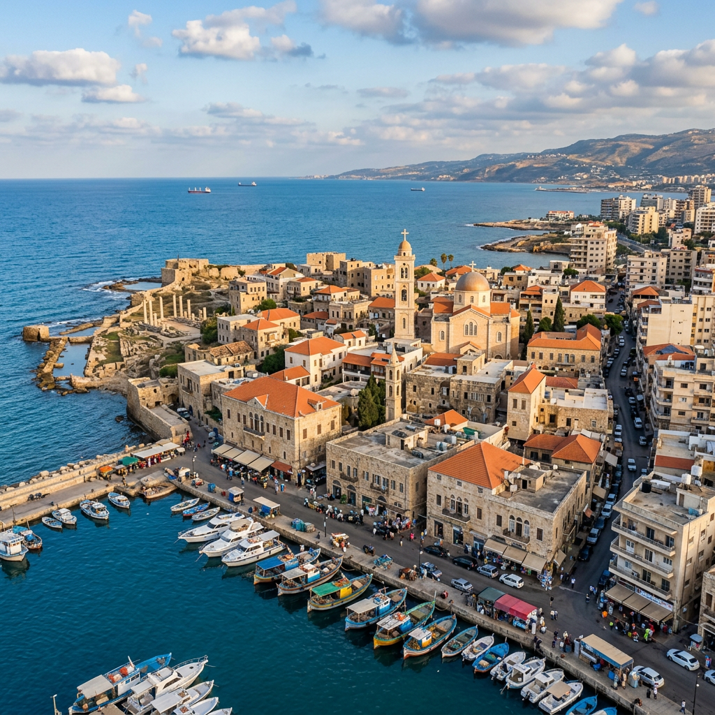 Coastal Mediterranean town with boats at harbor, historic buildings, and sea