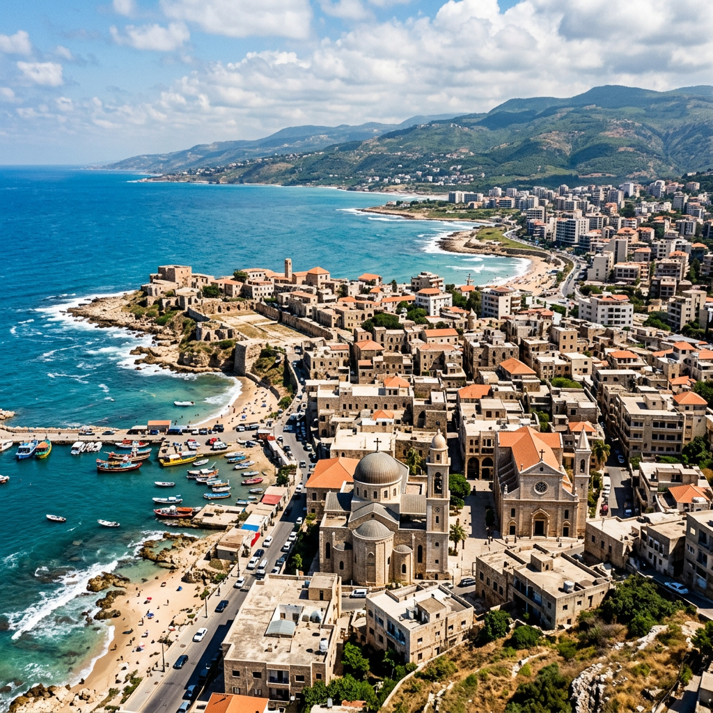 Aerial view of a historic coastal city with stone buildings, a harbor with colorful boats, and blue Mediterranean sea