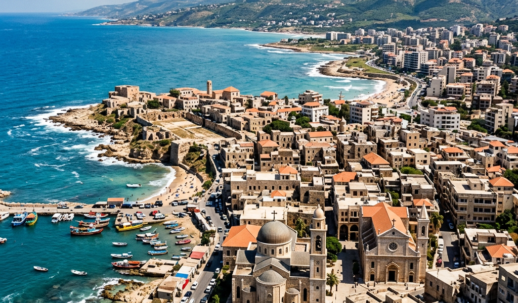 Aerial view of a historic coastal city with stone buildings, a harbor with colorful boats, and blue Mediterranean sea