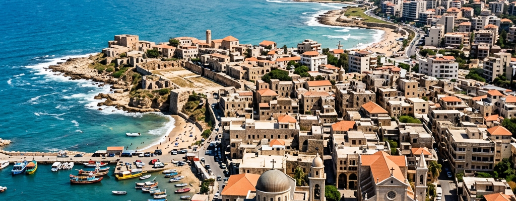 Aerial view of a historic coastal city with stone buildings, a harbor with colorful boats, and blue Mediterranean sea