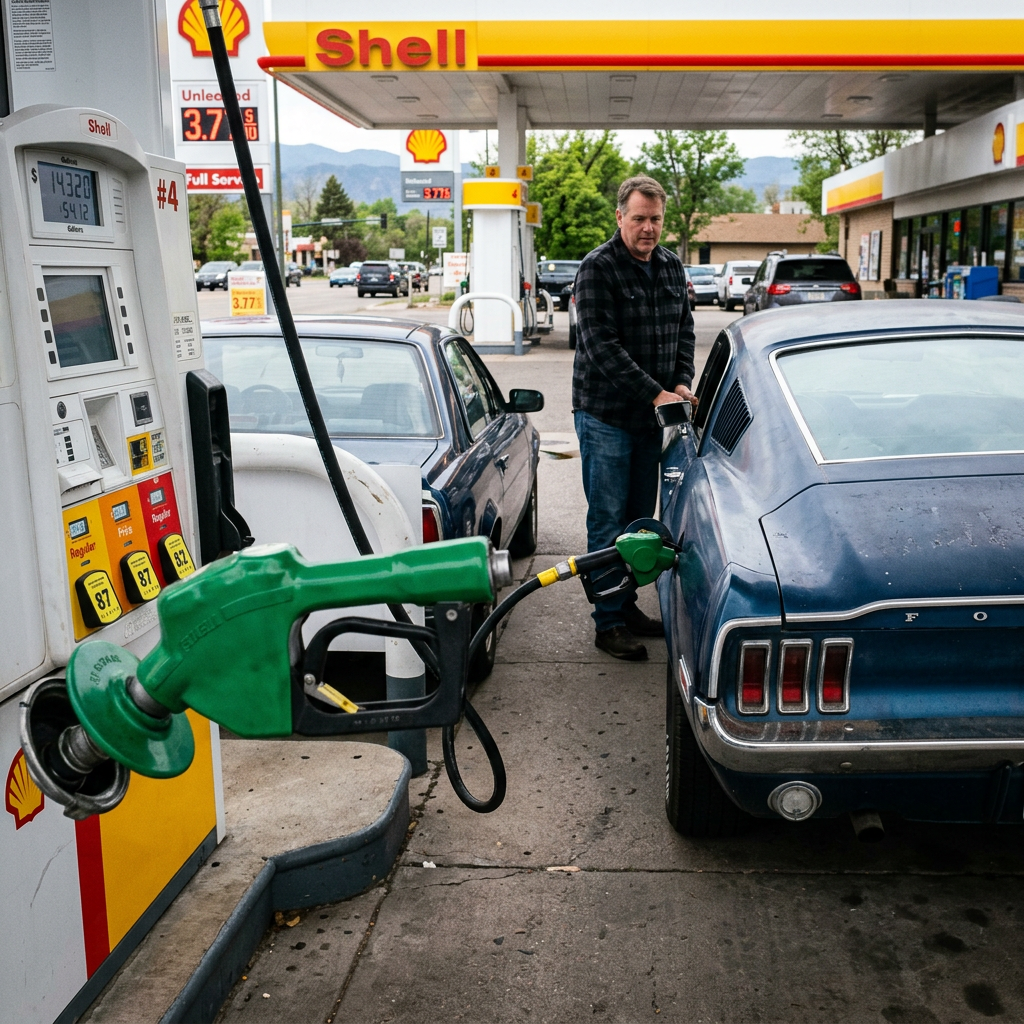 Man pumping gas into a blue classic car at a Shell gas station