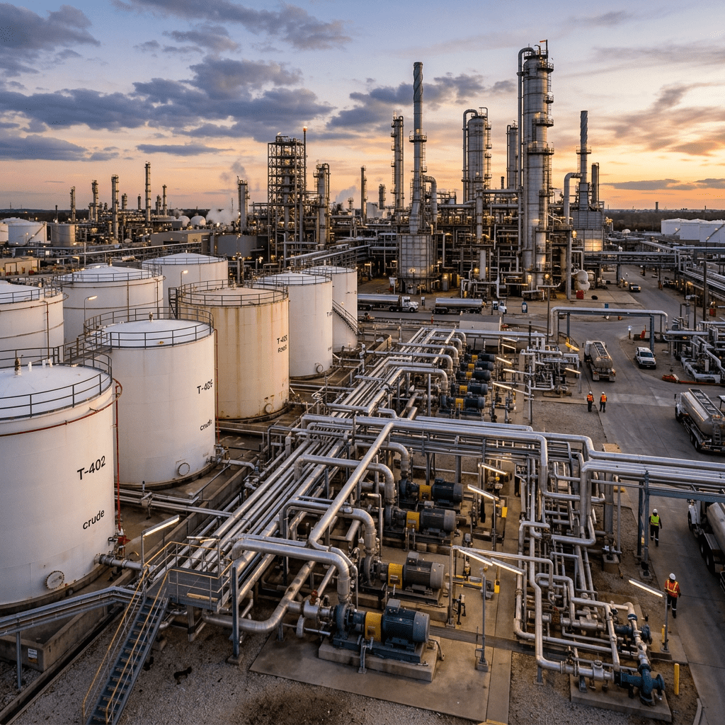 Oil refinery with large storage tanks, pipelines, and distillation towers during sunset