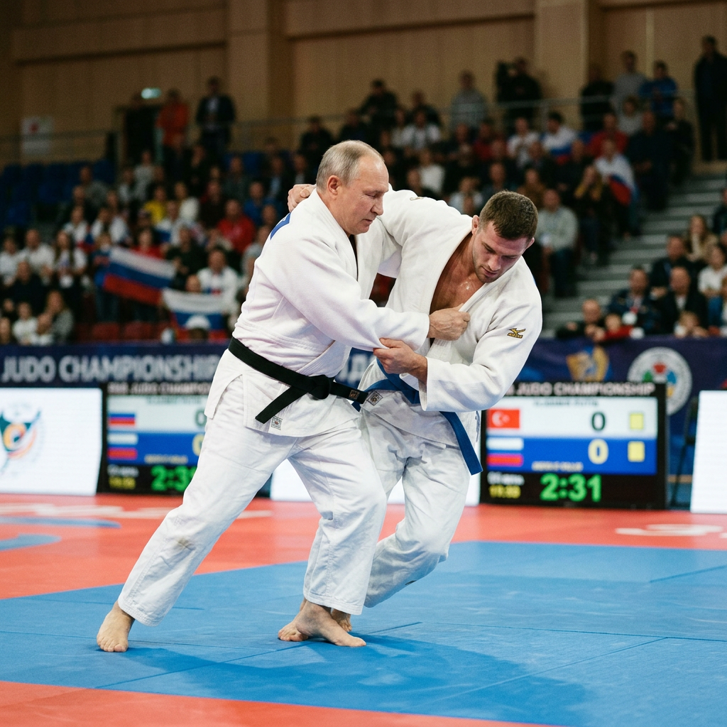 Two male judokas in white uniforms grappling on a mat during a judo competition