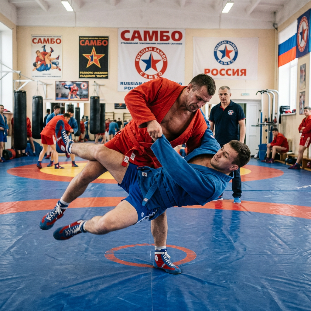 Two men practicing SAMBO martial arts in a gym with one throwing the other to the mat.