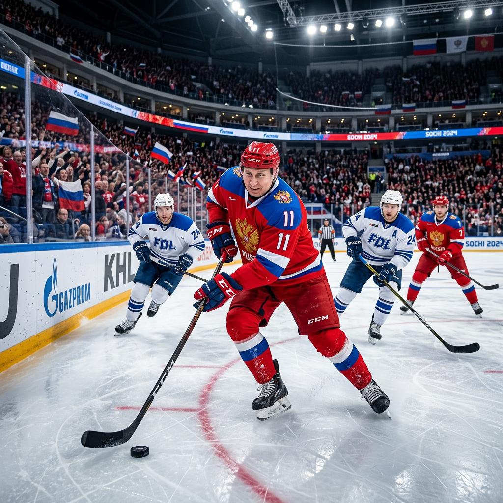 Russian hockey player controlling puck pursued by opposing players on ice rink
