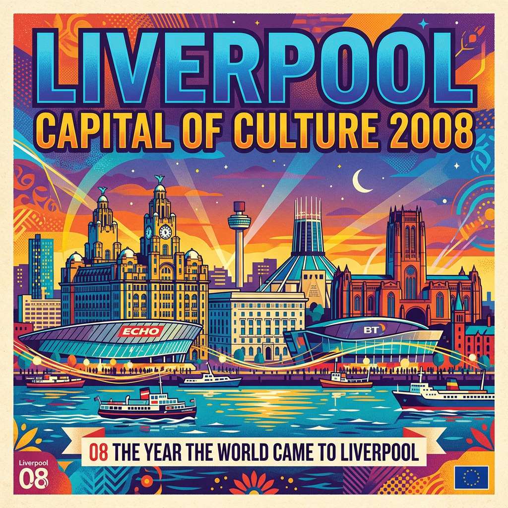 Colorful illustration of Liverpool skyline with 'Capital of Culture 2008' text
