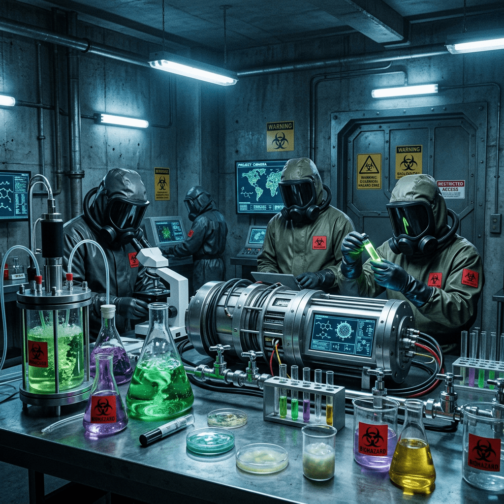 Scientists in protective suits handling biohazard substances and equipment in a laboratory